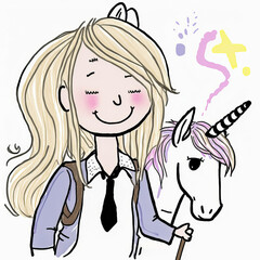 Blonde child next to a mythical unicorn, ideal to represent a magical and incredible friendship. Simple and soft illustration on white background.