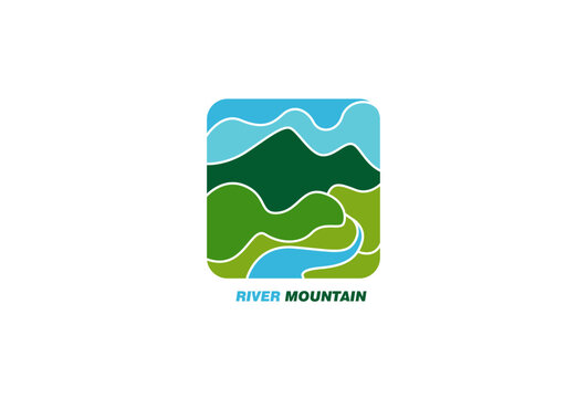Mountain landscape peak river creek logo vector template