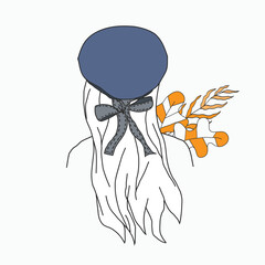 Illustration of a woman with long straight hair wearing a hat and ribbon back view with abstract foliage ornament. 