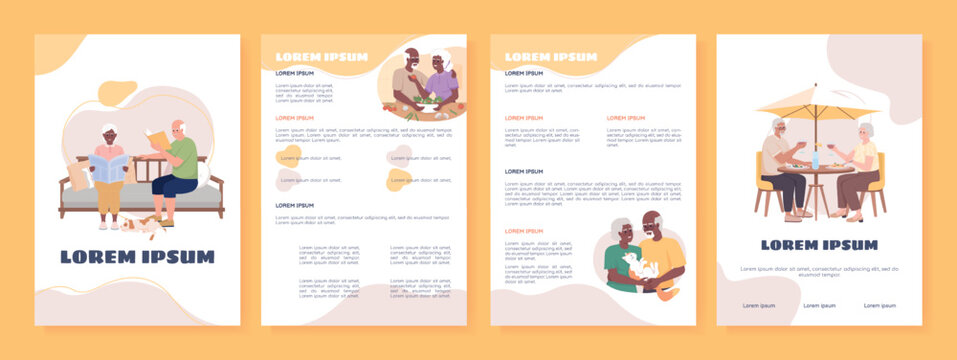 Older couple flat vector brochure template. Booklet, leaflet printable flat color designs. Editable magazine page, reports kit with text space. Sigmar One, Balsamiq Sans, Comfortaa fonts used