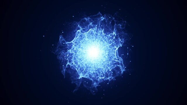 Abstract glowing blue futuristic energy dust with waves of magical energy particles on a dark blue background. Abstract background. Video in high quality 4k, motion design