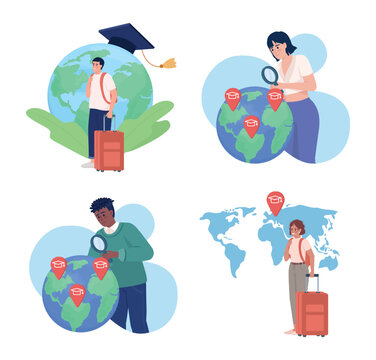 Travelling student flat concept vector illustration set. Searching foreign university. Editable 2D cartoon characters on white for web design. Creative idea for website, mobile, presentation