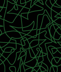 Abstract doodle drawing with green lines on black background.Seamless pattern.