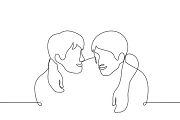 male friends hugging and smiling at each other - one line drawing vector. the concept friends laugh at a joke, buddies have fun