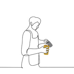 male barista pouring milk into a glass for coffee to go - one line drawing vector. the concept of making coffee in a coffeeshop