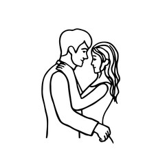 Man and woman stand hugging facing each other and smiling - hand drawn vector illustration. Doodle Near kiss