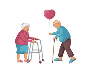 Elderly people in love. Cute illustration with the image of a grandfather who gives his grandmother a balloon in the shape of a heart. Elderly man and woman on Valentine s day