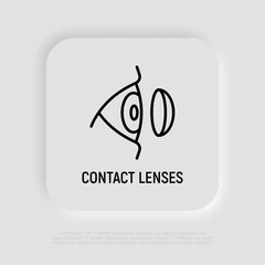 Inserting contact lens in eye thin line icon. Vision correction. Ophthalmology vector illustration.