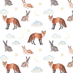 Watercolor seamless pattern with cartoon fox, hares and moon, clouds, stars on a white background