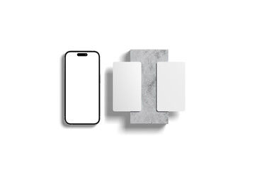 Smartphone and business card mockup in realistic 3D rendering on white background