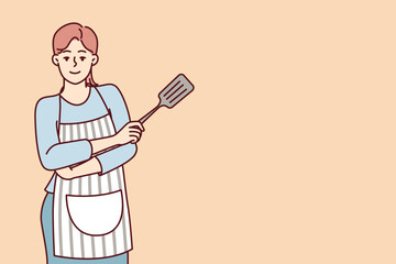 Smiling woman housewife stands with arms crossed in front of chest with spatula for cooking. Lady homemade confectioner or cook posing in striped apron draped over casual clothes. Flat vector image