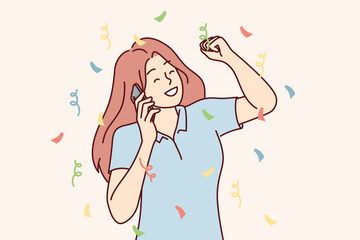 Overjoyed woman talking on phone and showing victory gesture accept congratulations on birthday or career achievements. Happy girl makes call while standing among festive confetti. Flat vector design 