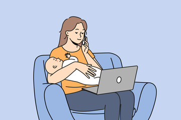 Young mother with newborn baby work on computer at home online. Busy mom with infant child multitask working remote talking on cell. Vector illustration. 
