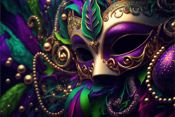 Venetian carnival mask and beads decoration. Mardi gras background. Generative AI - obrazy, fototapety, plakaty