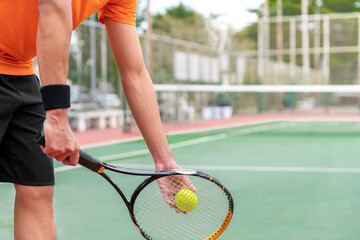 tennis player play tennis sport by hit tennis ball with tennis racket in tennis court and stadium...