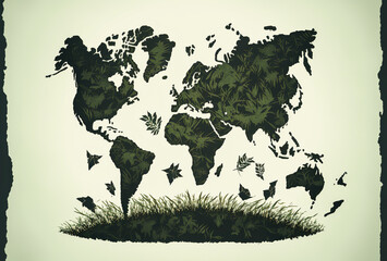 A world map made of plants and various elements, ideal for creating designs and inspiring emotions.
