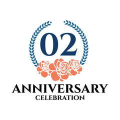 02nd anniversary logo with rose and laurel wreath, vector template for birthday celebration.