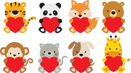 Vector illustration of cute Valentine’s day baby animals holding hearts including a tiger, panda, fox, bear, monkey, cat, dog, and giraffe. 
