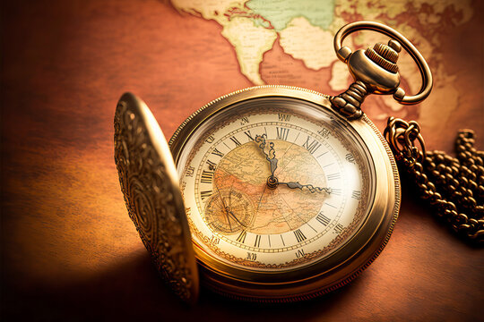 A classic pocket watch on a vintage wood table, with a map - symbol of a global adventure. An antique and studious atmosphere under a warm light.