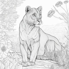 sketch of a lion in the forest