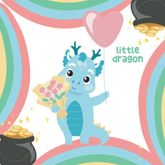 Cute little dragon flashcard on white background. Funny fantasy cartoon character. It’s for kids fashion artworks, children books, birthday invitations, greeting cards, posters. Vector file. 