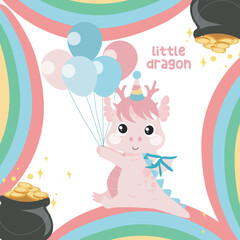 Cute little dragon flashcard on white background. Funny fantasy cartoon character. It’s for kids fashion artworks, children books, birthday invitations, greeting cards, posters. Vector file. 