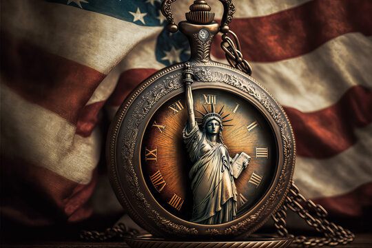 Antique american pocket watch associated with a symbol of freedom and a vintage american flag. Historical atmosphere on the usa.