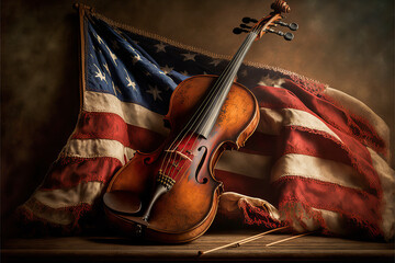 Vintage violin atop a worn American Flag, showcasing the relationships between music and national unity in U.S. history. Perfect for evoking a sense of nostalgia or conveying time-honored ideals.