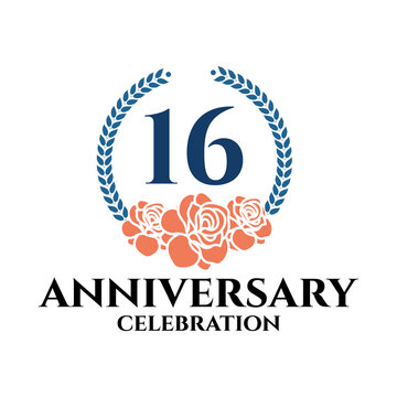16th anniversary logo with rose and laurel wreath, vector template for birthday celebration.
