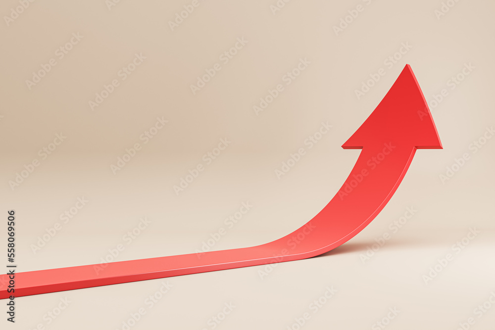 Poster growth, development and success concept with plastic growing up red arrow on light beige background.