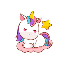 Cute magical pegasus unicorn cartoon Cute magical unicorn cartoon sleeping above clouds vector. Pony pegasus cartoon kawaii animal. vector. Pony cartoon kawaii animal. Isolated on a white background.