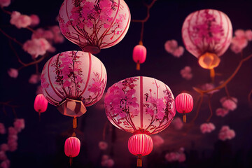 Beautiful pink Chinese lanterns with flowers patterns and sakura branches, Chinese Lantern Festival, Chinese new year, Generative AI - obrazy, fototapety, plakaty