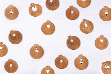 Christmas wooden toys on a white background. Christmas and New Year