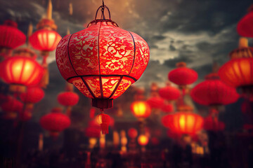 Obraz premium Red and golden glowing Chinese lanterns in the air, evening scene, Chinese Lantern Festival, Chinese new year, Generative AI