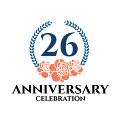 26th anniversary logo with rose and laurel wreath, vector template for birthday celebration.
