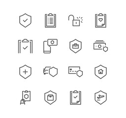 Set of insurance and related icons, car protection, analytic, health insurance, contract and variety vectors.