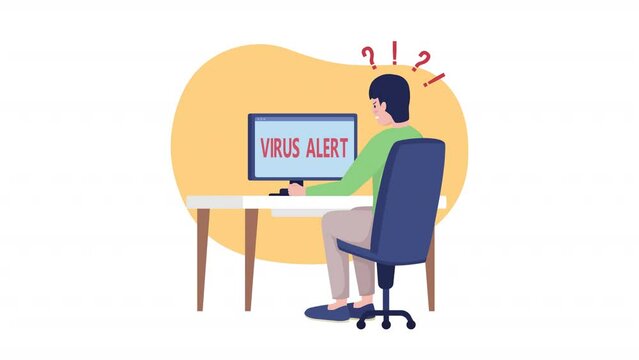 Animated virus alert. Malicious software hazard. Full body flat person on white background with alpha channel transparency. Colorful cartoon style HD video footage of character for animation