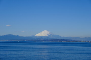海辺から富士山を眺める