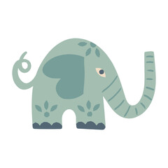 A cute decorated elephant toy with his trunk up. Childish animal cub character. Vector hand-drawn illustration.