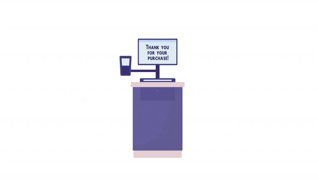 Animated client service etiquette. Flat cartoon style HD video footage. Self-service checkout machine color illustration on white background with alpha channel transparency for animation