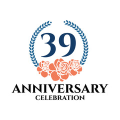 39th anniversary logo with rose and laurel wreath, vector template for birthday celebration.