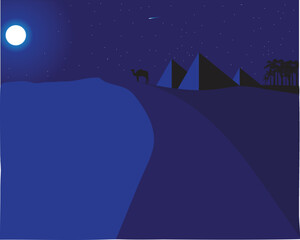 vector design of a night view in the desert which is lit by the moon and stars in the sky and there are camels and also there are some triangular or pyramid shaped buildings