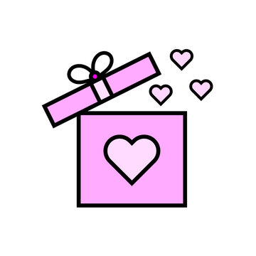 Cartoon pink gift box. Xmas decoration design. Christmas gift box. Birthday surprise. Vector illustration. stock image.