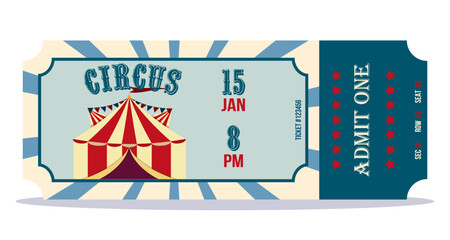 Vintage circus ticket template, old carnival entry tickets. Retro circus show invitation, amusement park entrance, admit one coupon. Vector circus luxury greeting card illustration.