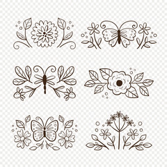 Spring decorative doodle arrangements. Collection of cute dividers isolated on white background. Seasonal floral decoration. Vector illustration.