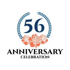 56th anniversary logo with rose and laurel wreath, vector template for birthday celebration.