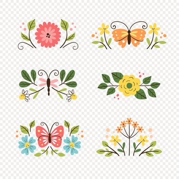 Spring decorative arrangements. Collection of cute dividers isolated on white background. Seasonal floral decoration. Vector illustration.