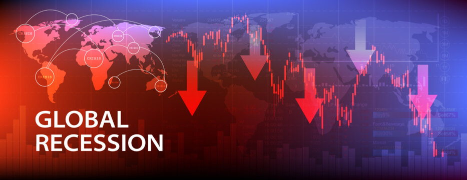 Global recession in 2023 Graphs and slumping stock markets show the global economic crisis in 2023. The effects of inflation, war, epidemics. EPS10 vector.