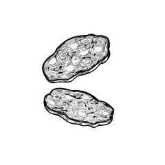 Salami dry sausage slices in vintage style. Hand drawn sketch style butchery product. Best for package and market advertising design. Vector illustrations isolated on white background.