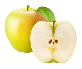 Japanese Green Orin honey core Apple on white, Fresh Yellow and Green Apple on White background PNG File.
